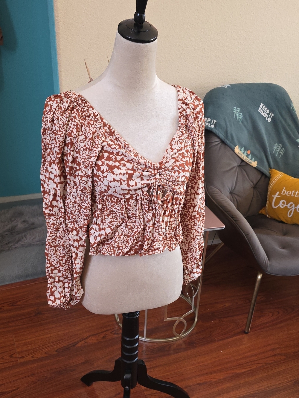 By Together Rust Floral Tie-Front Crop Blouse